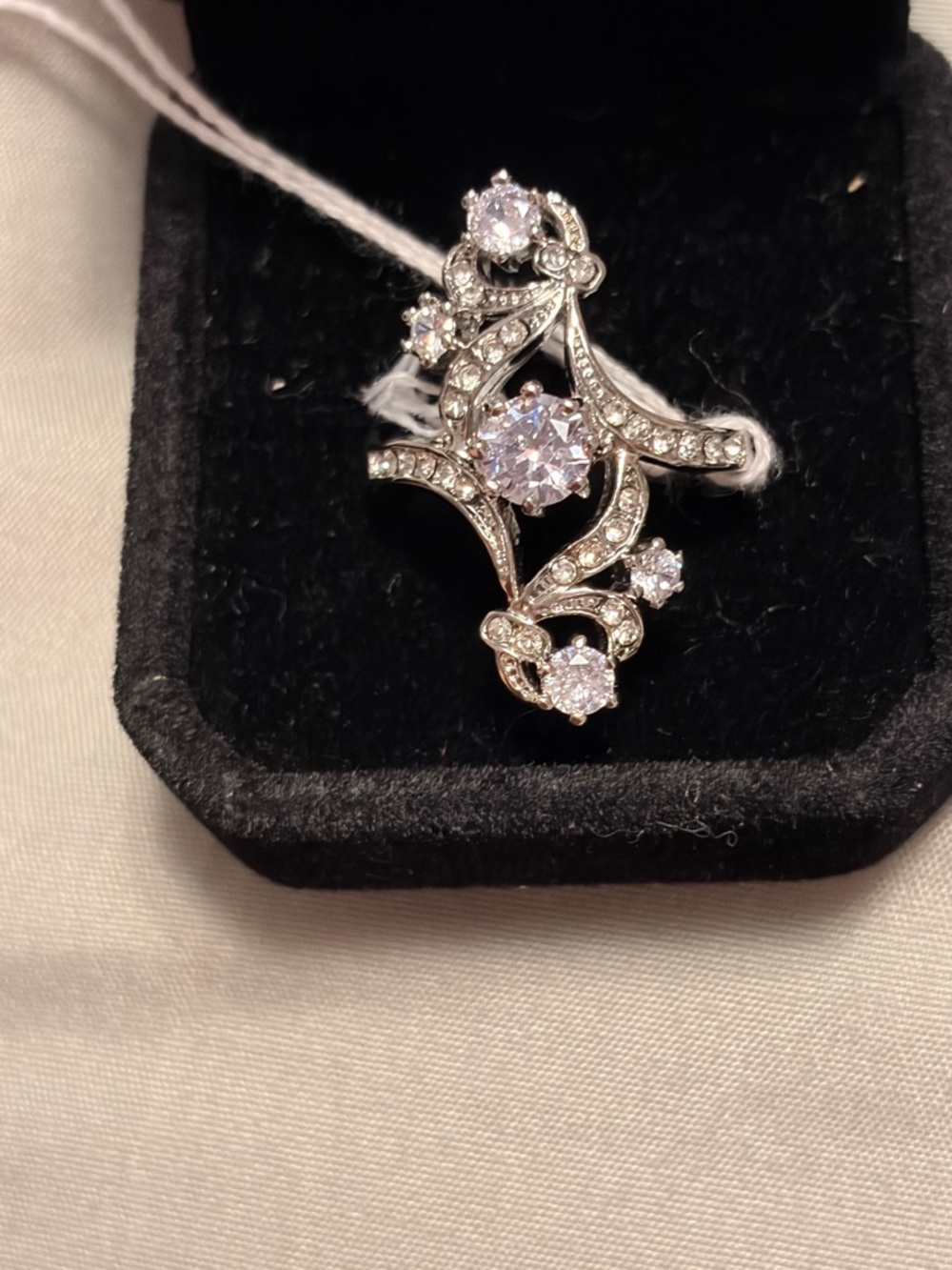 Ornate Silver Floral Crystal Ring - Sparkling White Stones